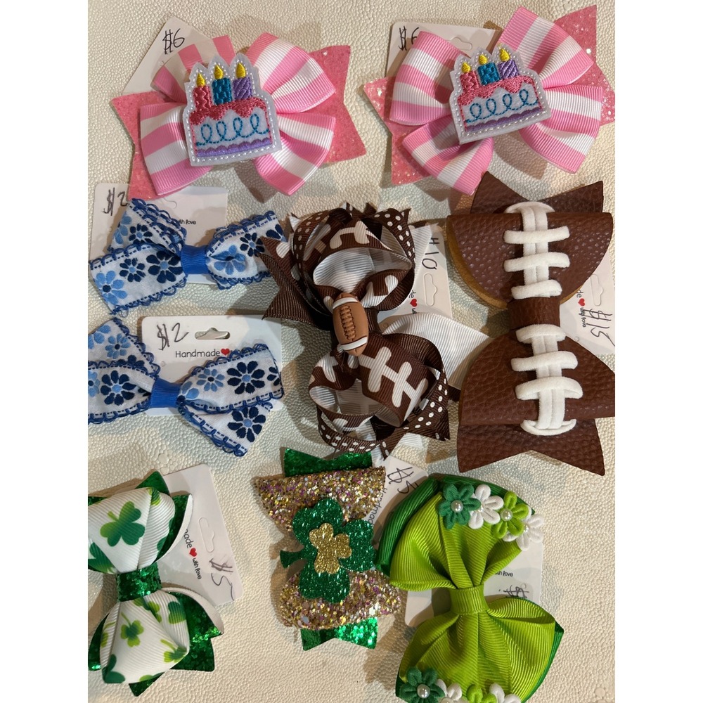 Handmade Hair Bow‎ Lot: Birthday, Football, Clover, Floral - Girls Accessories